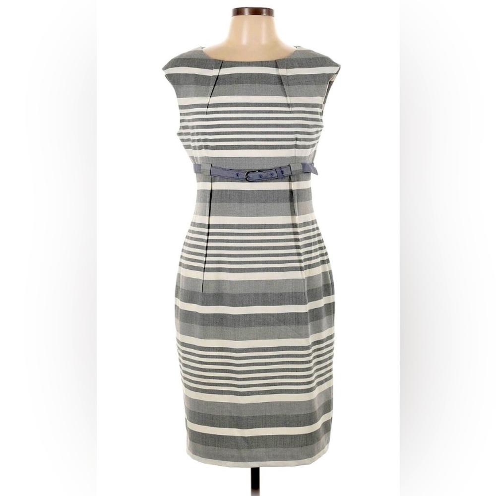 Calvin Klein Grey Stripped Belted Sheath Dress With Pleats at  Neckline.